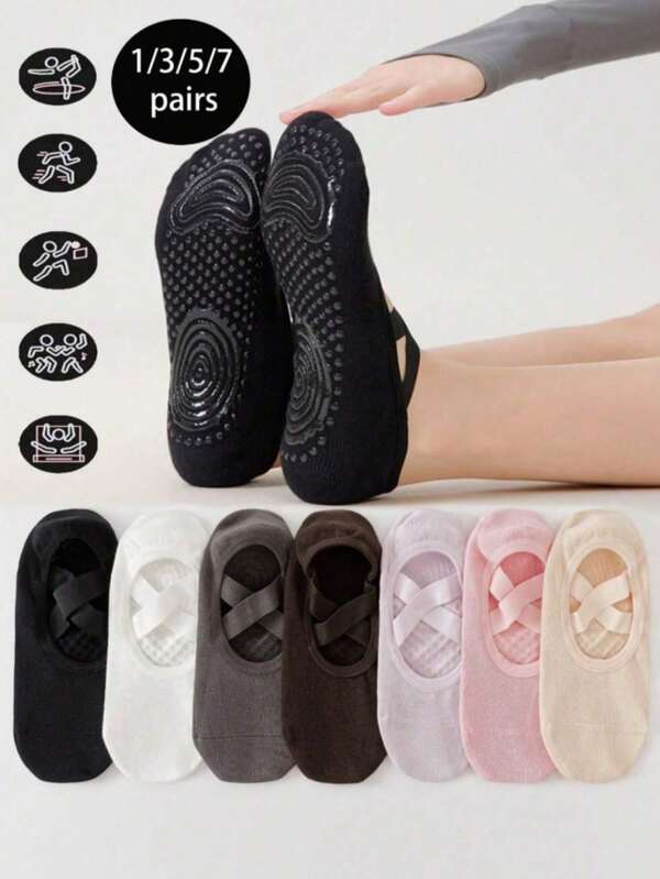 1/3/5/7 Pairs Women's Barre Pilates Yoga Socks, Silicone Non-Slip Yoga Socks, Professional Fitness Grip, Suitable For Running, Gym, Pilates, Ballet And Free Gymnastics - Multiple Colors (Black, Pink, Grey, Purple, Khaki), With Arch Support And Ankle Padding - Ideal Gift For Dance And Fitness Enthusiasts, Basic Training Equipment, Durable Material, Minimalist
