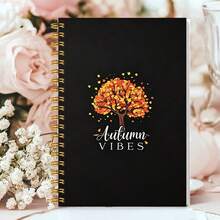 DANPERJI 1pc A5 Autumn Vibes Fall Tree Spiral Notebook, Black Cover Graphic Print Lined Journal Notepad, Thanksgiving Seasonal Stationery - Autumn Vibes - View 3