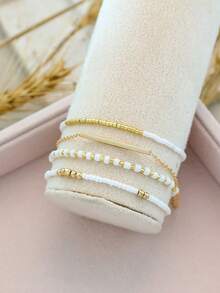 4pcs Bohemian Style Elastic Beaded Bracelets CCB Rice Beads Single Strand Bracelet Minimalist Fashion Personalized Beach Style Hand Jewelry For Women (Mixed Rice Beads, Non-Positioned) - Gold - View 3