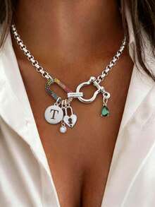 1pc Silver Letter Necklace, Luxury Oval Double Buckle Heart-Shaped Lock Diamond Pendant Necklace, Exquisite Holiday Party Gift For Women - Silver - View 18