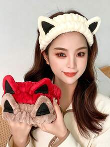 Plush Cat Ear Headband, Soft Coral Fleece Face Wash Headband, Suitable For Makeup, Skincare, Face Mask, SPA, Shower And Daily Beauty Care - Multicolor - View 5