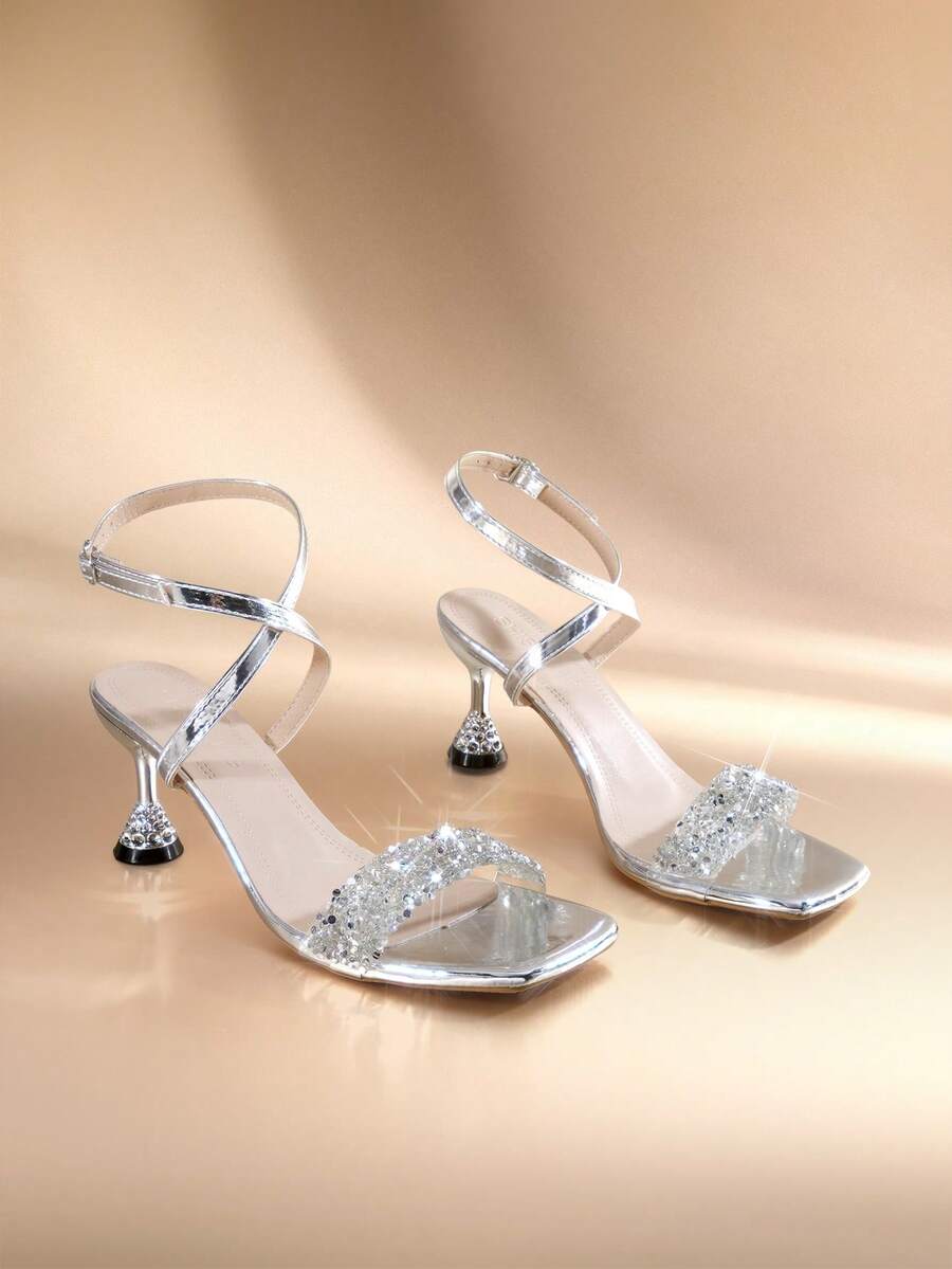 Etoivie Summer Fashion Colorful Rhinestone Women's High Heel Sandals, Kitten Heels Halloween - Silver - View 1