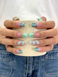 10pcs/Set Y2K Nails Handmade, Cute Nails, Pink Nails, Blue Nails, Rhinestone Nails & Blue French Tip Nails, Stripe Nails, Perfect For Parties & Daily Wear. Square Nails. Handmade Press On Nails Square, Short Acrylic Nails, Fake Nails, Handmade Nails - Multicolor - View 2