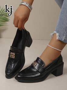 Million Women's Pointed Toe Slip-On Chunky Heel Loafers, Fashion Metal Decor Chunky Heel Dress Shoes, Suitable For Office Work, Daily Wear, Dating - Black - View 2