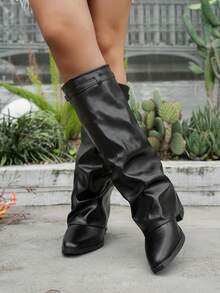 1 Pair Hot-Selling Ruched Fold-Over Boots, Fashionable Buckle Chunky Heel Comfortable Solid Color Western Style Casual Outdoor Mid-Calf Boots - Black - View 4