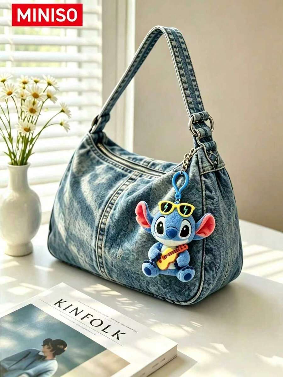 Stitch Guitar Bag Charm Keychain By MINISO, Cute Character With Fashion Glasses, For Handbag Tote Backpack, Birthday Christmas Gift - Stitch Guitar Plush Bag Charm - View 1