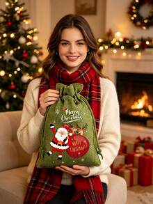 8/1pc Christmas Drawstring Gift Bag, Christmas Packaging Bag, Holiday Party Decoration Gift Bag, Cartoon Candy Drawstring Bag, Halloween, Christmas - Multicolor - View 4
