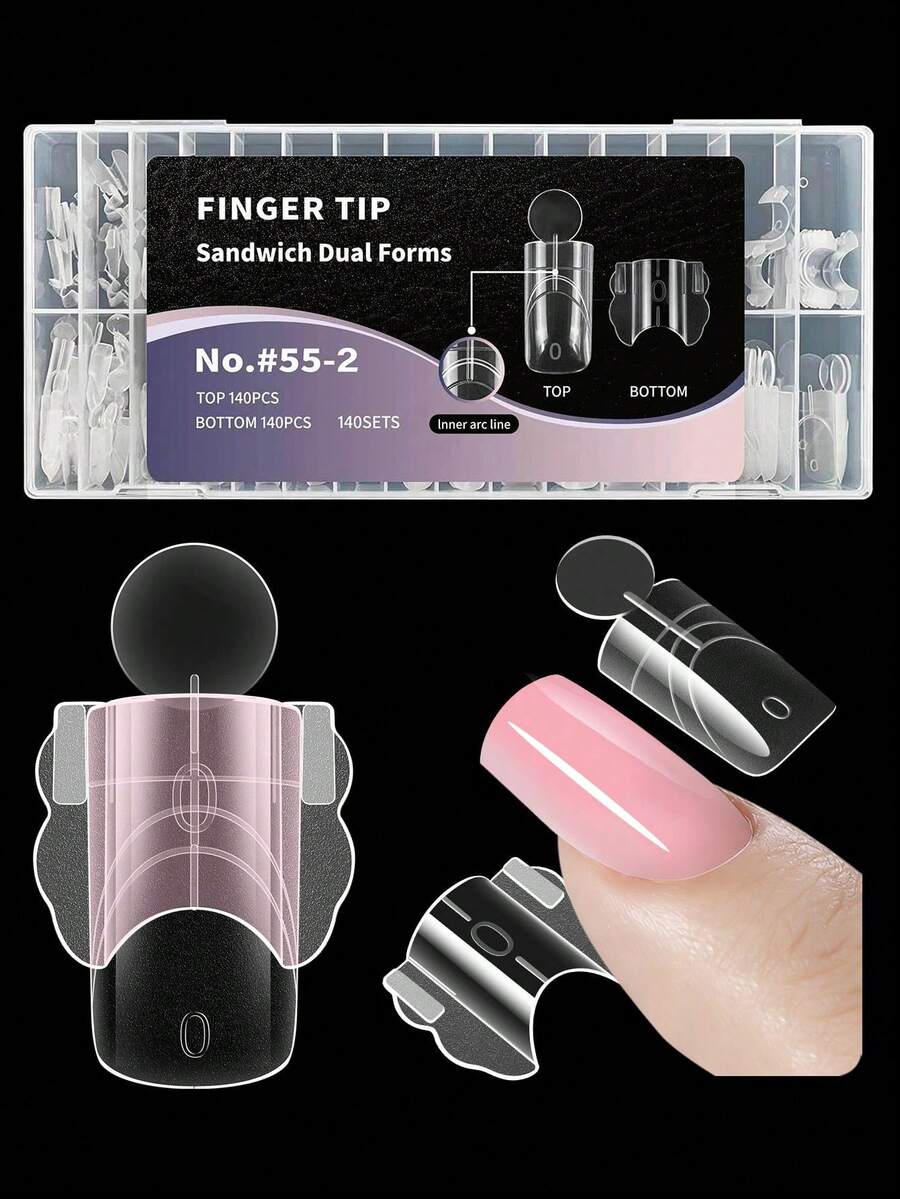 140pcs Sandwich Nail Extension Dual Mold, Inner Arc Short Square Crystal Nail Tips, Double Layer Nail Mold - Clear - View 1
