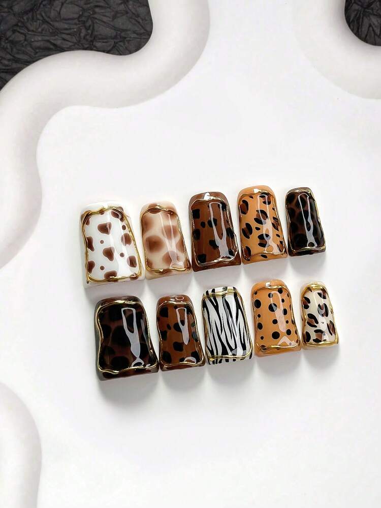 10Pcs Maillard Animal Print Style Handmade Press On Nail,Polygel Nail Set,Zebra Stripes,Leopard Print,Brown And White Nail Polish,Edgy Style,Includes Nail Tools,3 Sizes Available,Almond Nails,Duck Nails,Coffin Nails For Party,Dance,Daily Wear. - Multicolor - View 17