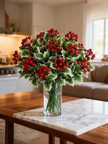 10pcs/5pcs/1pc Artificial Christmas Red Berry Holly Leaf Decorative Branch, Artificial Christmas Bouquet, Christmas Tree Decoration, Christmas Decor, Holiday Table Centerpiece, Suitable For All Seasons - Perfect For Christmas - Multicolor - View 2