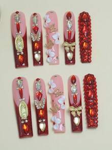 CrystalHola 10 Pcs Handmade Wearable False Nails, Long Ballet, 3D Rhinestones, French Tip Nails. Fully Covered And Reusable, Suitable For Parties, Music Festivals, And Other Events, It Is The First Choice For Girls And Women To Give Gifts, Christmas Nails. - Multicolor - View 4