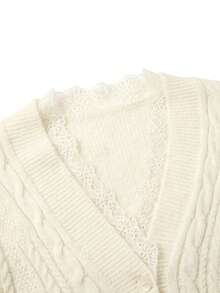 VIBEWAVE Cream Cable Knit Short Cardigan, V-Neck Single-Breasted Drop Shoulder Loose Sweater, Vintage Sweet Style - Beige - View 9