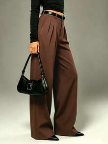 Women's Commuter High Waist Pure Pleated Loose Wide Leg Suit Pants - Brown - View 8