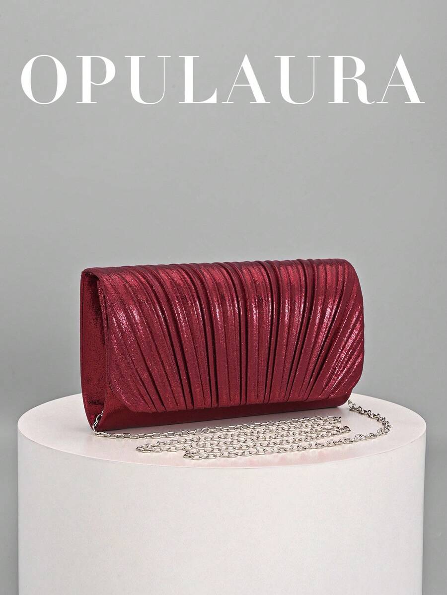 OpulAura Fashion 亮面光澤翻蓋晚宴包 高端奢華 PU 皮革派對手拿包 低調奢華閃亮晚宴包 禮服包 金屬感皮革女包 歐美風信封鏈條包 斜跨包 適合舞會、派對、雞尾酒會、生日派對禮服搭配,適合作為生日禮物、新娘手拿包 - 酒紅色 - 查看 1