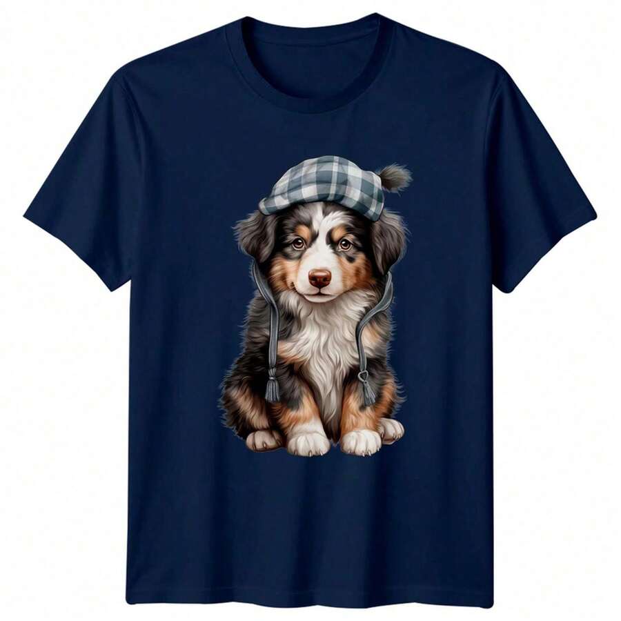 Unisex Graphic T-Shirt Made Of Pure Cotton, Featuring A Chihuahua Puppy Design, Winter Animals, Dogs, For Men And Women, Large Size, Suitable For Larg - Navy Blue - View 1