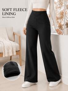 Women's Seamless Autumn Fashion Minimalist Wide Leg Pants, Winter High Waist Tummy Control Thermal Lined Long Pants - Black - View 6