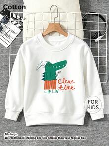 Barn sweatshirt med rund hals, Clean Time tecknad krokodiltryck, ren bomull, mjuk avslappnad långärmad pullover - Vitt - Visa 9