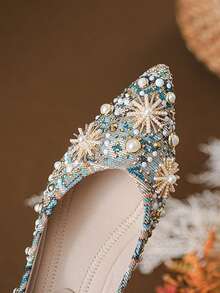 Heavy Beaded Rhinestone Pointed Toe Low Heel Women's Slip-On Shoes, Vintage Jacquard Fabric Party Wedding Shoes - Color - View 9