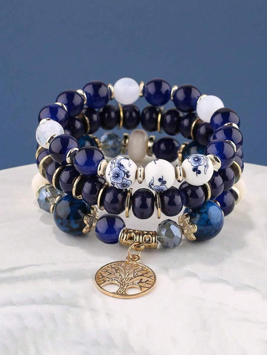 Juego de 3 Pulseras de Joyería de Árbol Pequeño de Moda Atmosférica (Mismo Estilo de Cuentas con Diferentes Tamaños, Cantidad de Cuentas Aleatoria Según el Tamaño) - Multicolor - Ver 1
