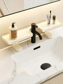 1pc Solid Color Sink Faucet Surround Storage Rack, Modern Plastic Irregular With Adjustable Split‑Tray Design, Space‑Saving Organizing Make Up Storage Organiser Bathroom Shelf, For Vanity Countertop Washroom Daily Use All‑Season Home Decor - Multicolor - View 4
