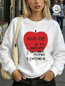 Red Apple Print HOUSERULES Graphic Crew Neck Sweatshirt For Teens Young Adults, Loose Drop Shoulder Pullover, - White - View 3