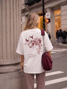 Women's Casual Loose Short Sleeve T-Shirt, Round Neck With Vintage Japanese Floral Print, Retro Asian Aesthetic, Suitable For Daily Wear, Vacation, City Commute In Spring/Summer, Also Available In Plus Size. Minimalist Red Ink Art T-Shirt White - White - View 6