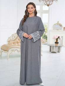 Gaun Abaya Muslimah Sederhana, Gaun Maxi Longgar Lengan Panjang dengan Bordir Bunga, Abaya Kasual untuk Pakaian Sehari-hari Wanita Muslim - MultiWarna - View 19