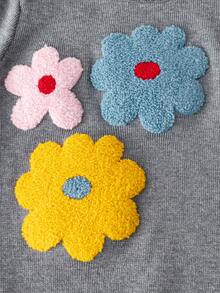 2pcs/Set 1pc Girls Cute Colorful Floral Round Neck Long Sleeve Knit Pullover Sweater And 1pc Girls Minimalist Solid Color Straight Leg Knit Pants, Suitable For Daily Casual, Vacation, Spring, Autumn, Winter - Grey - View 4