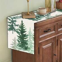 1/2 Set Of Linen Table Runne, Beige Background, Green Christmas Tree Design. Durable Indoor And Outdoor Holiday Table Flags, Suitable For Kitchen, Restaurant, And Christmas Party Decoration, Holiday Themes, And Home Decor. - Multicolor - View 4