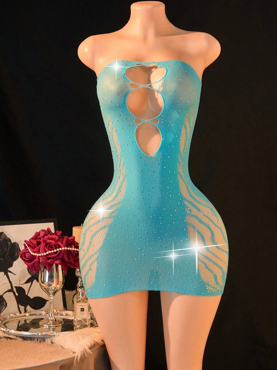 1pc Women's Sexy Lingerie,Hollow See-Throug,Sparkle Rhineston,Sexy Slim Bikini Cover-Up,Hot Girl Outfit,Sexy Party Role Play Costume Valentine's Day - Mint Blue - View 1