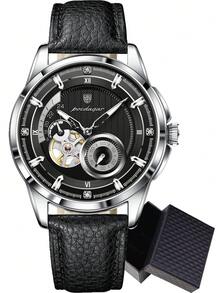 POEDAGAR 1pc Business Men's PU Leather Automatic Mechanical Skeleton Tourbillon Watch, Fashion Waterproof Luminous Wristwatch For Daily Occasions, Men's Gift - one-size - View 14