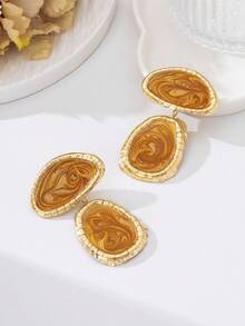 1 Pair Gold Frame Brown Marble Pattern Dangle Earrings - Two-Tone Ocean Inspired Ear Jewelry, Perfect For Office, Wedding & Banquet - Brown - View 9