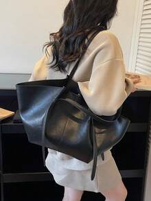 Dedoo Women Soft PU Trapezoid Tote Bag,Solid Color Minimalist Tie Design,Large Capacity Commuter Shoulder Bag,Suitable For Daily Office,Spring/Summer - Black - View 3
