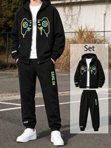 2pcs/Set Tween Boys' Casual Workout Colorblock Hoodie Sweatshirt And Contrast Color Fleece Pants Set, Suitable For Autumn/Spring, Outdoor Play - Black - View 9