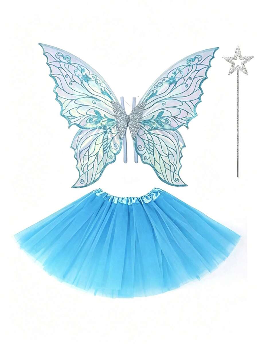 Multi-Color Laser Sequin Butterfly Fairy Wings Set + Fairy Dress + Star Magic Wand Complete Set. Halloween Cosplay / Forest Theme Photography / Birthday Party Props - Multicolor - View 1