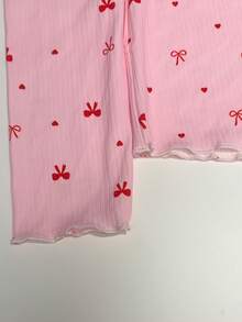 Girl Cute Bow Print Ribbed Pajama, Square Neck Long Sleeve Button Front Romper Sleepwear, Soft Stretchy Loungewear For Home Nightwear Teenager - Pink - View 5