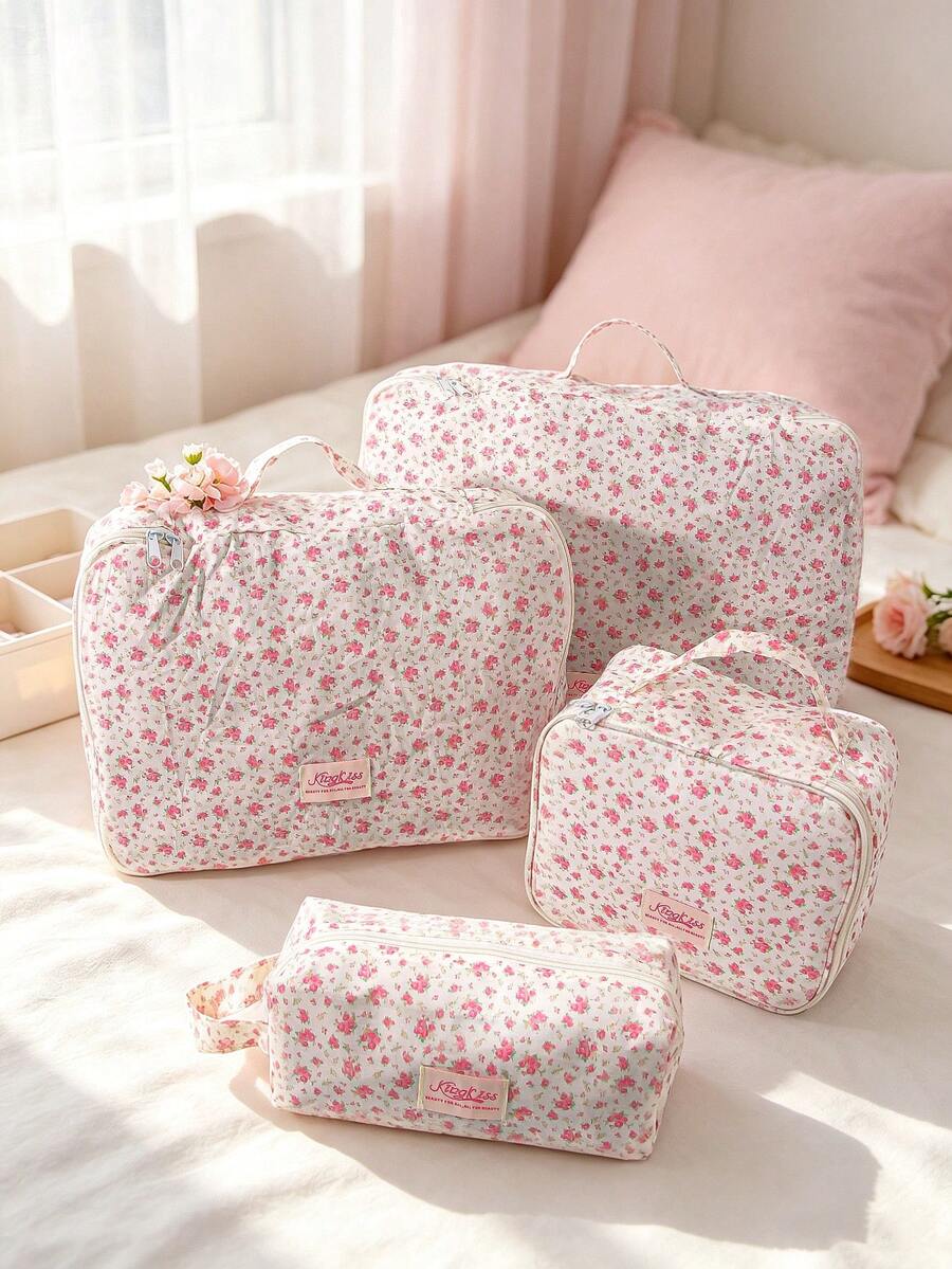 1pc/Set Pink Floral Print 4pcs Travel Luggage Organizer Set, Zippered Clothing Storage Bags, Portable Suitcase Organizer, Multi-Size Storage - Pink - View 1