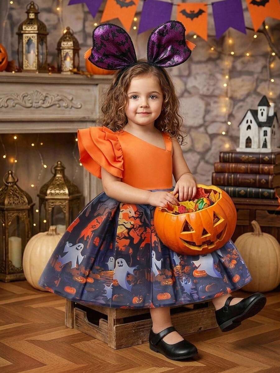 Baby Girls Asymmetric Neck Ghost Pumpkins Bat Haunted House Halloween Elements Pattern Satin Fabric Cute Party Princess Dress, Fabric Pattern Random Cut, Headband And Handbag Not Included - Multicolor - View 1