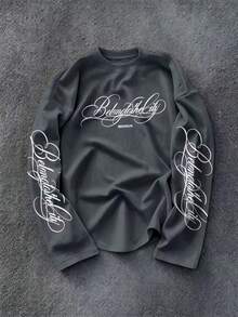 男士春秋時尚百搭極簡多英文字元素印花圓領長袖T恤 - 深灰色 - 查看 1