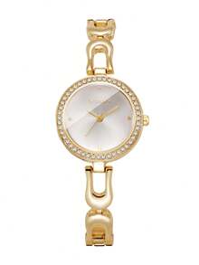Women's Bracelet Watch, Round Dial With Rhinestones, Simple Scale, Elegant Quartz Watch, Gift For Girlfriend (1pc/Set), Watch Box Not Included - Gold - View 9