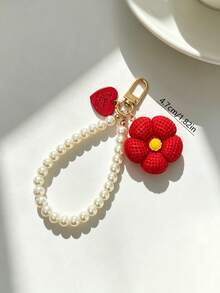 1pc Cute Red Flower Pearl Keychain, Exquisite Versatile Bag Charm Pendant, Car Key Ring - Red - View 4