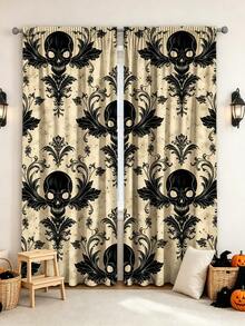 2PCS Halloween Curtains, Retro Distressed Beige Background Black Skull Ornate Print, Halloween Gothic Style Decorative Window Drapes For Home Decoration - Multicolor - View 1