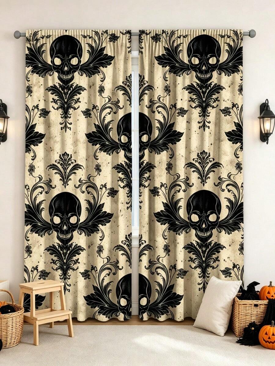 2PCS Halloween Curtains, Retro Distressed Beige Background Black Skull Ornate Print, Halloween Gothic Style Decorative Window Drapes For Home Decoration - Multicolor - View 1
