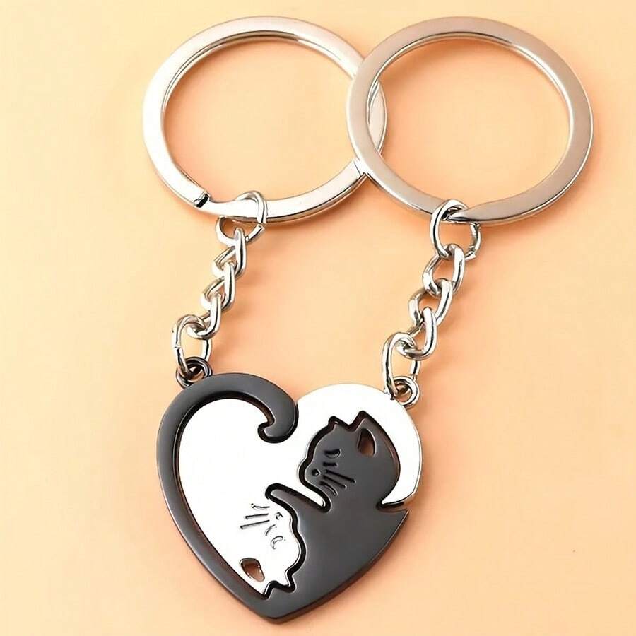 Quirky Cat Design Heart-Shaped Split Matching Keychain Set, Engraved Love Token, Perfect Birthday, Anniversary, Christmas Gift For Best Friends, Couples, Soulmates - Black`White - View 1