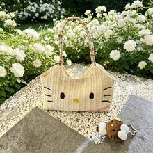 SANRIO Large Ins Style Korean Cute Cool Summer Straw Woven Cat Handbag, Portable Large Capacity Versatile Bag (No Accessories) - View 3