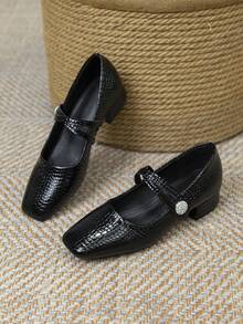 Women's Colorblock Handmade Low Heel Slip-On Shoes, Super Soft Leather Shoes With Thick Heel, Comfortable All-Season Footwear - Black - View 12