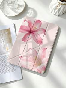 1pc Pink Lily Print Acrylic Y-Fold Protective Case, Magnetic Closure With Pencil Slot, Auto Sleep/Wake, Compatible With IPad 5/6/7/8/Air 3/4/5/6/7/8/Pro 11/10th/11th Gen/Mini 6/7 Shockproof Tablet Shell - Multicolor - View 3