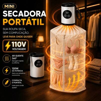 Mini Secadora de Roupas Portátil Elétrica 110V 120W Compacta com Ar Quente 360° Timer Digital para Viagem