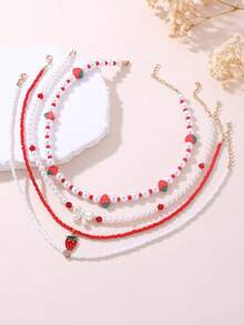 NAIZHU Set Kalung Mutiara Stroberi Pita Manis 4 Buah untuk Anak Perempuan, Aksesoris Pesta Sehari-hari Anak Perempuan - MultiWarna - View 3