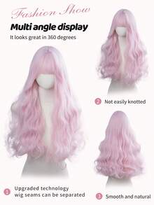 alicegarden 26-Inch Long Synthetic Wig Featuring A Natural Wavy Style In A A Stunning Pink. Designed With Bangs , This False Hairpiece Is Perfect For Ms Daily Party Cosplay Use, Offering A Natural And Natural Durable Wig Gift For Ladies. - Pink - View 4